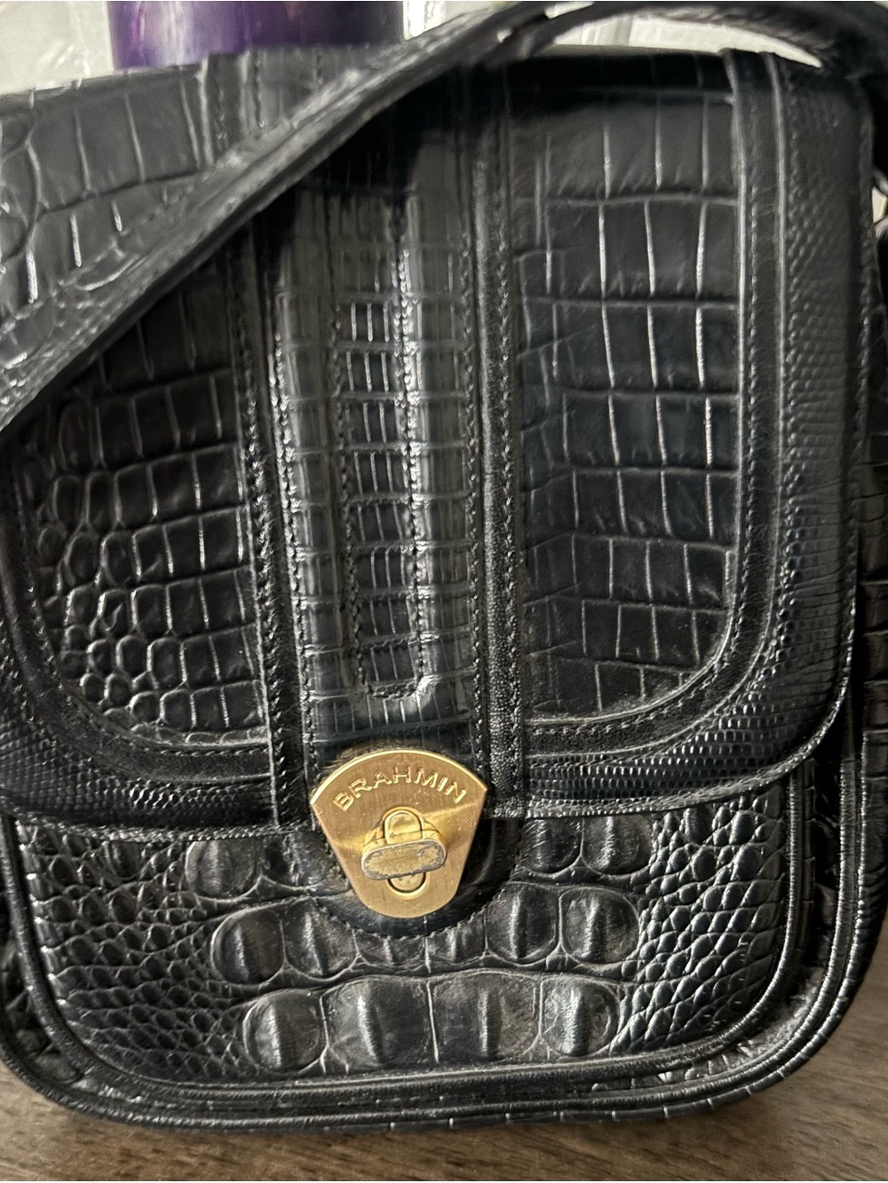 Brahmin Black Croc-Embossed Leather Messenger with Gold Hardware